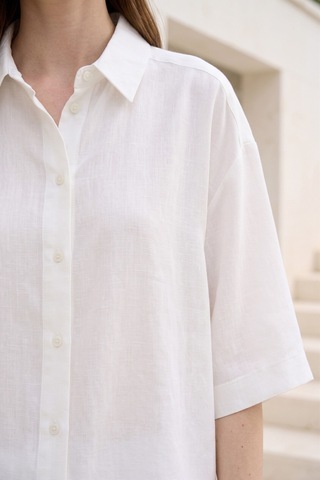 Kadın Beyaz Oversize Keten Görünümlü Gömlek Kısa Kollu Düğmeli Rahat Kalıp Yazlık Gömlek Basic Bluz