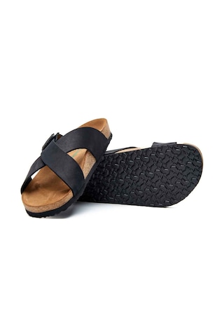 Comfortfusse Cross - Erkek Ortopedik Hakiki Deri Çift Bantlı Terlik Siyah Nubuk Deri