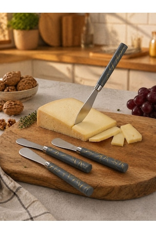 5 Parça Uzun Kahvaltı Bıçak - Gri Mermer Desen Saplı 16.5 Cm 4741 Ahşap - Kırmızı
