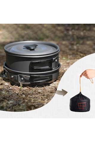Yifomall Kamp Aluminyum Çamaşır Seti 4'lü Pot, Tava, Çaydanlık, Çanta Sıcaklığa Dayanıklı Dış Mekan Pişirme Gereci Siyah Ds308 Siyah