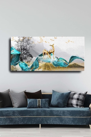 Homearths Dekoratif Soyut Altın Geyik Ve Ağaçlar Sürreal Kanvas Duvar Tablosu 60 X 120 Cm Standart