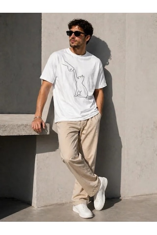 Defymoda Erkek Minimal Kedi Çizim Baskılı Tişört Kısa Kol Yazlık T-shirt - Beyaz