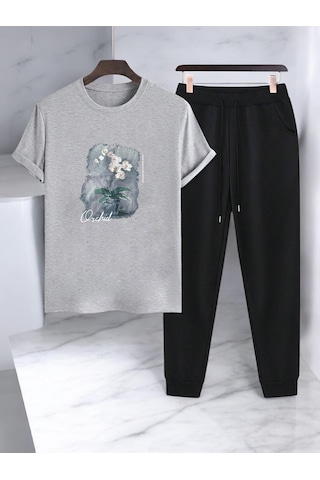 Uyguntarz Unisex Saksı Tasarım Basklı Tshirt Eşofman Takımı Gri