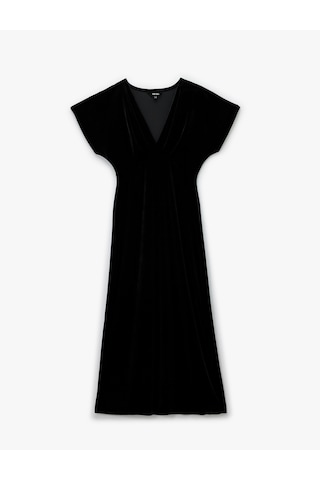 Koton Slim Fit Kısa Yarasa Kollu Kruvaze V Yaka Midi Boy Kadife Elbise Siyah 6wak80189ek
