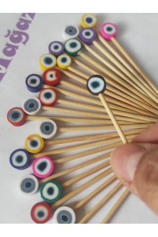 100 Adet Dekoratif Renkli Fimo Nazar Boncuklu Sunum Kürdanı 6,5 Cm - Nazarboncuklu Pasta Kürdanı
