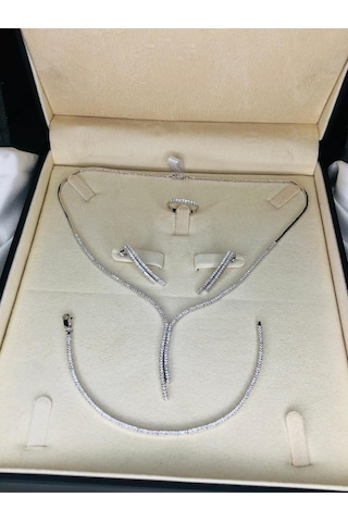 Kadın Gümüş Set - Karis Zirconia Taşlı Su Yolu Set • Işıklı Kutuda • Düğün Nişan • Söz • Gelin Seti Takımı