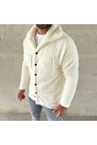Erkek Pelüş Polar Hırka Gömlek Yakalı, İlik Düğmeli, Göğüs Cepli, Yumuşak Dokulu Kışlık Regular Fi Beyaz