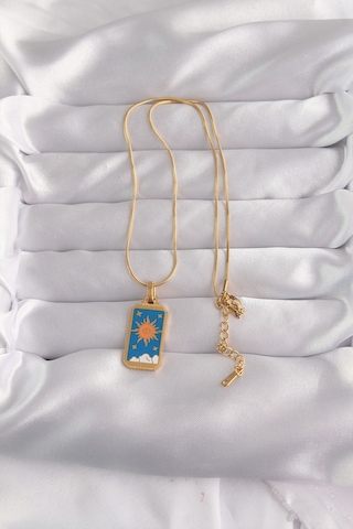 316l Çelik Gold Renk Mavi Mineli Güneş Model Tarot Kolye Altin