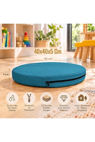 Kreş Anaokulu Yuvarlak Oyun Minderi Aktivite Minderi 40x40x5 Cm - Sandalye Minderi - Bahçe Dekor Minderi Yuvarlak Minder Petrol Mavi