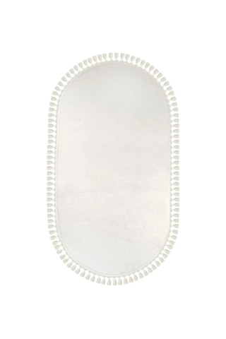 Puffy Gri Oval Örgü Saçaklı Peluş Yumuşacık Yıkanabilir Kaymaz Taban Halı Salon Oturma Odası Beyaz