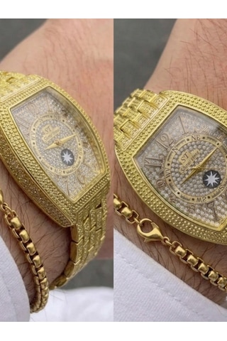 Erkek Taş İşlemeli Çelik Kol Saati Lüks Quartz Erkek Saati Premium Tasarım Bileklik Hediyeli Şık Erkek Kol Saati Gold-25 Cm