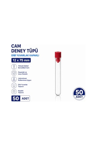 12x75 Mm Cam Deney Tüpü Dibi Yuvarlak Kapaklı 50 Adet Laboratuvar Test Tüpü