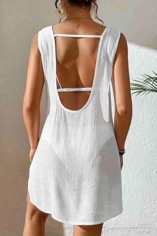 Angelsin Sırt Dekolteli Yırtmaçlı Pareo Plaj Elbisesi Beyaz 001