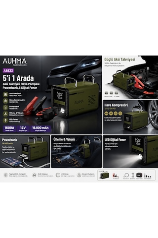 Auhma A8833 Haki 16.000 Mah 5'i 1 Arada Akü Takviye Cihazı Şarjlı Hava Kompresörü Powerbank Vakum Üfleme Dijital Fener