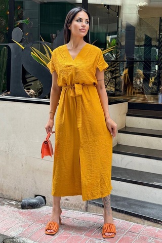 Hardal V Yaka, Kısa Kol, Airobin Kumaş, Omuz Detaylı, Kemerli/kuşaklı, Önden Yırtmaçlı Maxi Elbise Hardal