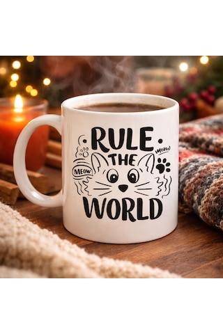 Rule The World Kedi Desenli Porselen Kupa Model 61 Sevimli Kedi Figürlü Kahve Kupası Diğer