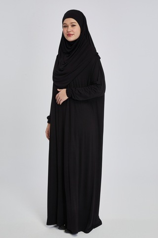 Pratik Başörtülü Rahat Giyilebilen Organik Tek Parça Namaz Elbisesi Siyah