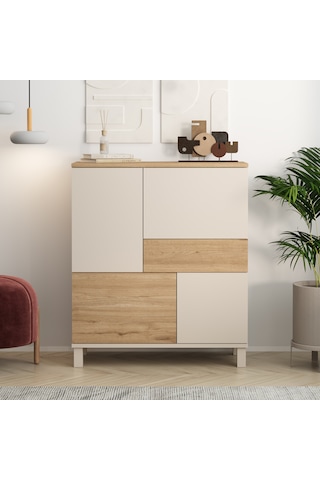 Robin Home Urban Çok Amaçlı Dolap Ahşap Ayaklı 4 Kapaklı Çekmeceli Kumsal-sepet Bej