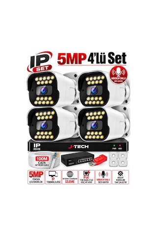 J-tech K1020 5mp Ip Sesli Renkli Gece Görüşlü 4 Lü Akıllı Güvenlik Kamera Seti Yüz Ve Araç Tanıma