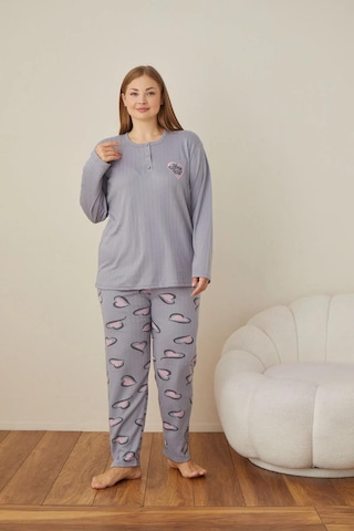 Boyraz Lindros Kadın Pamuklu Düğme Yaka Raporlu İnterlok Battal Pijama Takımı 05102 - 1 Adet Gri