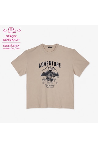 Büyük Beden Bisiklet Yaka Baskılı Erkek Tshirt Bej