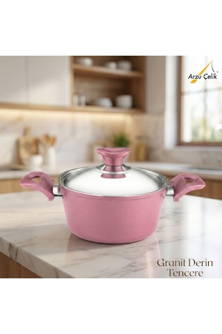 20 Cm Granit Derin Tencere Çelik Kapak - Mürdüm Mürdüm