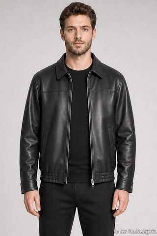 Freemen Erkek Kürklü Polo Yaka Oversize Suni Deri Ceket-423 Siyah