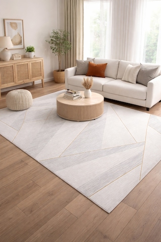 Modern Geometrik Halı Krem Gri Gold Çizgili Akrilik 8 Mm Hav Yüksekliği Salon Yatak Odası Antre Halı