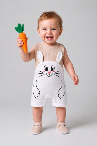 Babyden's Erkek Bebek Tavşan Desenli Yazlık Tulum Fitilli Pamuklu Kolsuz Bebek Tulumu Çıtçıtlı Romper 0-9 Ay Bej