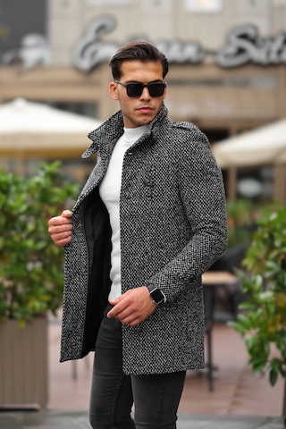 Erkek Dar Kesim Dik Yaka Uzun Açık Desenli Kaşe Kaban Gri - Siyah