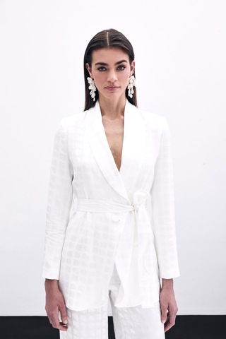 Sateen Kare Desenli Kuşaklı Ceket - Ekru-135791 Ekru