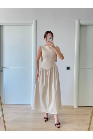 Krep Arkası Kanat Arka Ön Pens Detaylı Uzun Kadın Elbise - Bej Bej