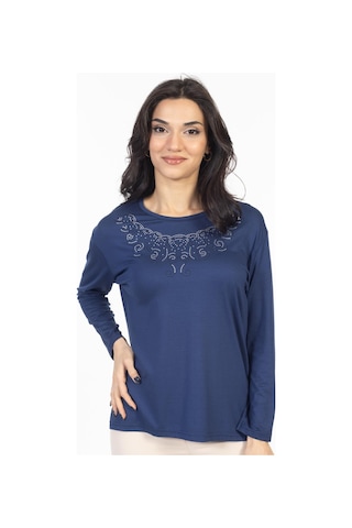 Yeni Model Taş İşlemeli Yuvarlak Yaka Likralı Anne Penye Bluz 6420-indigo İndigo