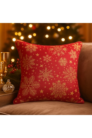 Kırmızı Yılbaşı Temalı Kırlent Kılıfı Kar Tanesi Desenli, Gold Detaylı 40 40 Cm 40 x 40