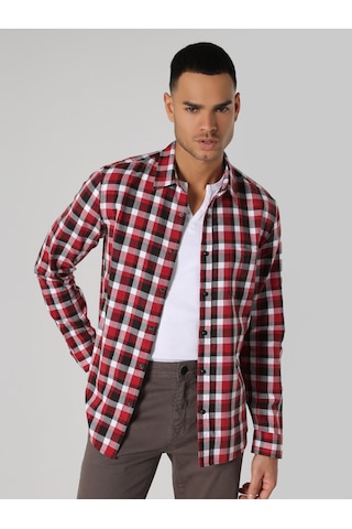 Colin's Slim Fit Kareli Kırmızı Erkek Uzun Kol Gömlek CL1061712_Q1.V1_RED