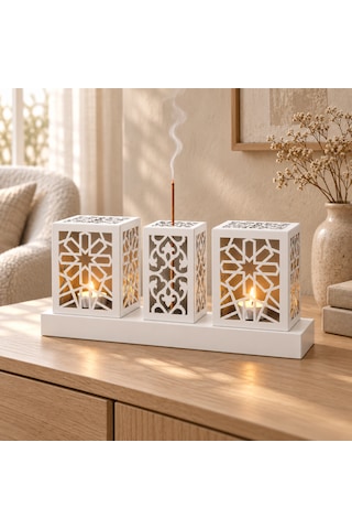 Lazer Kesim Metal Tealight Mumluk Ve Tütsülük Seti Geometrik Selçuklu Yıldızı Motifli Modern Ev Dekoru Benzersiz Masa Süsü Ve Hediye Beyaz