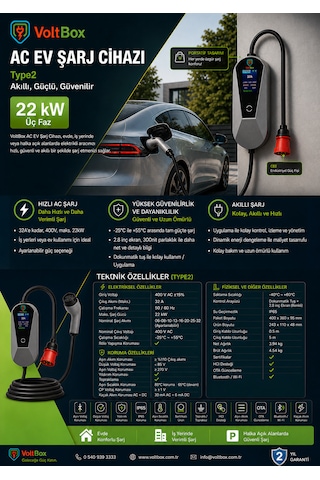 Voltbox Max22 Taşınabilir Elektrikli Araç Şarj Cihazı 32a/22kw/380v 5 Metre -türkçe Menü 22 Kw Taşınabilir