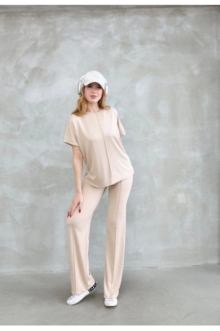 Modaserdem Osy Modal Yumuşak Dokulu Kumaş Bisiklet Yaka Kısa Kollu Takım - Bej Bej