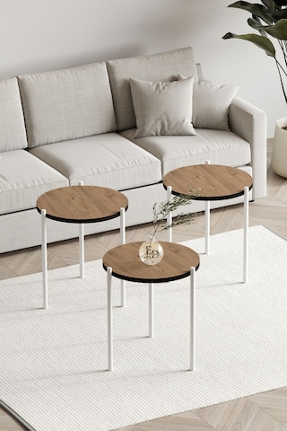 Nice 3'lü Zigon Sehpa Beyaz Metal - Atlantik Çam Tabla