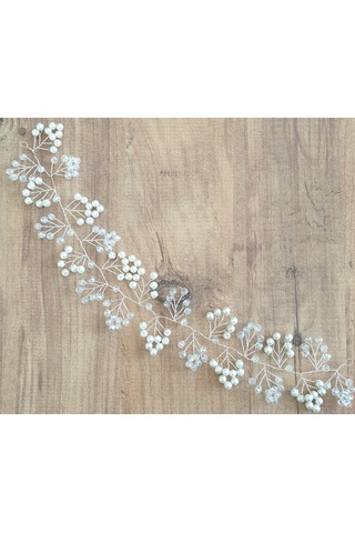 Beyaz Kristal Boncuklu Ve Beyaz Incili Gelin Tacı