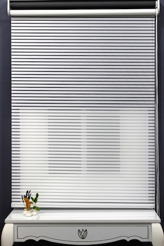 Çift Mekanizmalı Kalın Çizği Tül & Mat Gri Stor %90 Işıgı Kes er