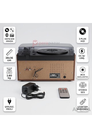 Nostaljik Ahşap Pikap Bluetooth Cd Ve Radyolu Adaptörle Çalışır Tüm Plaklara Uyumlu Müzik Seti Kn-140 Ahşap Kahverengi
