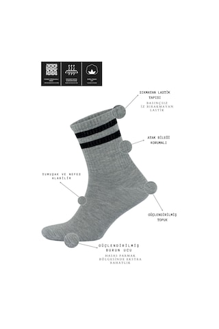 Kral Socks Erkek Kadın 12 Çift Çizgili Kolej Tenis Çorabı Pamuklu Terletmez Çorap Gri