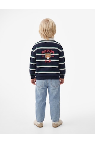 Koton Kaplan Baskılı Uzun Kollu Çizgili Polo Yaka Sweatshirt Lacivert Çizgili 7wmb10057tk