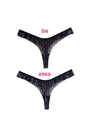 Siyah Çiçek Desenli Tül Kenarları Fırfırlı Tanga Külot Siyah