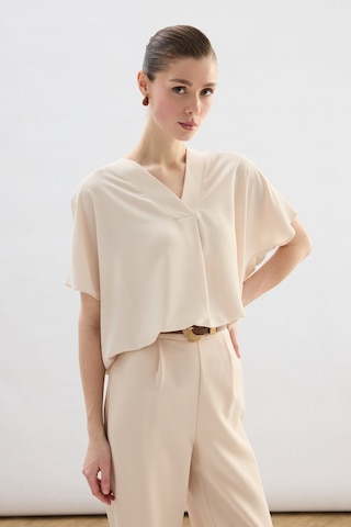 Sateen Geniş Kısa Kollu Bluz - Bej-136759 Bej