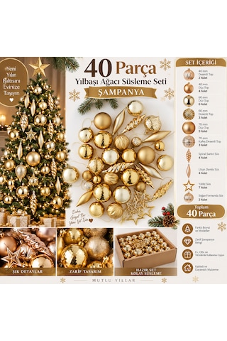 40 Parça Altın Yılbaşı Ağacı Süsleme Seti Top, Yıldız, Damla Ve Spiral Dekor Süsleri 3 CM