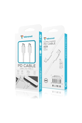 Teknonet TN-DC14 PD 20 W QC 3.0 A Type-C To Type-C Şarj ve Data Kablo 100 CM Beyaz
