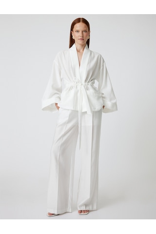 Koton Oversize Kimono Kuşaklı Geniş Uzun Kollu Cepli Beyaz 4sak50144pw Beyaz