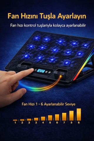 Rgb Işıklı Laptop Soğutucu Stand Lcd Ekran 15 Fanlı Güçlü Sessiz Soğutma
